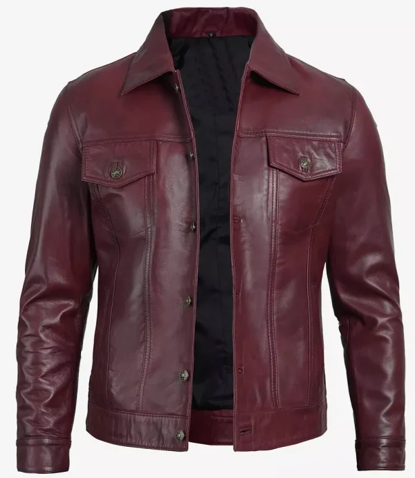 Men' Genuine Leather Maroon Trucker Jacket