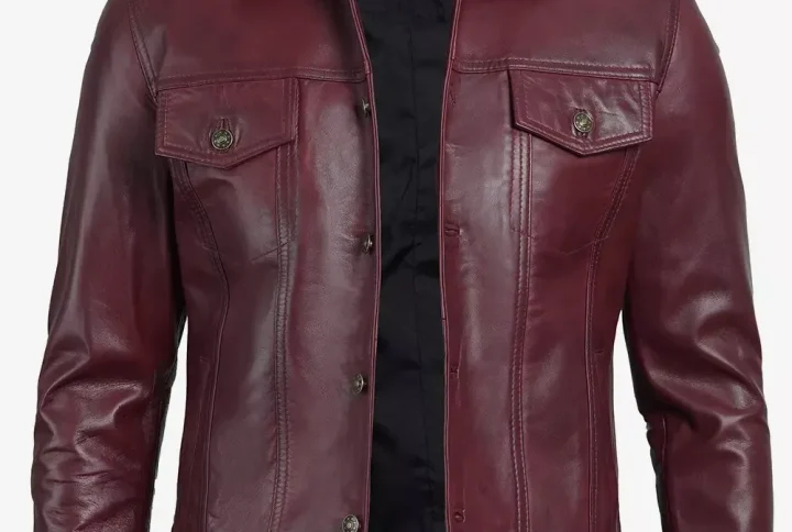Men' Genuine Leather Maroon Trucker Jacket