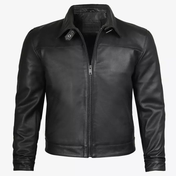 Men’s Black Calf Leather Jacket with Shirt Collar