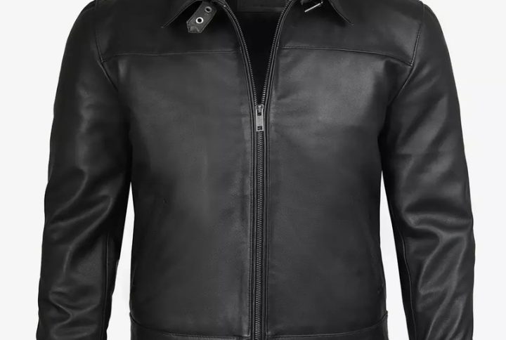 Men’s Black Calf Leather Jacket with Shirt Collar