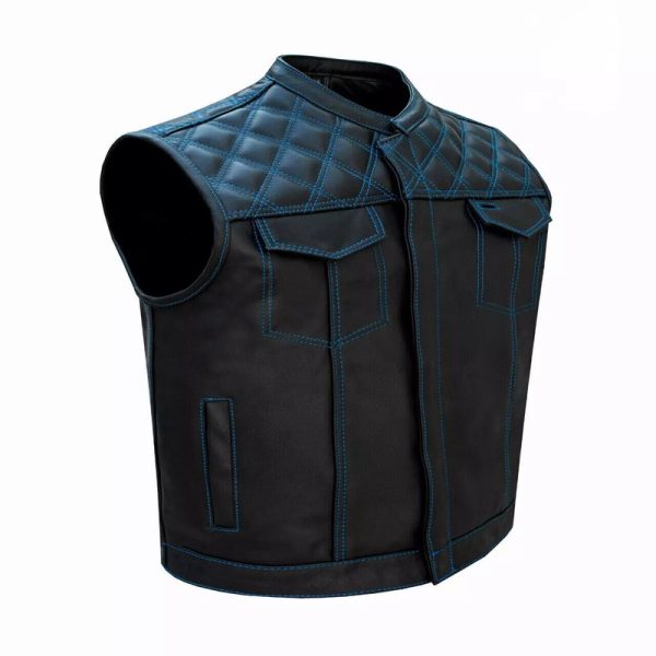 Men's Leather Motorbike Blue Stitch Vest