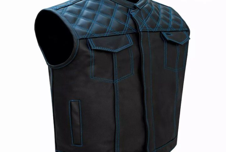 Men's Leather Motorbike Blue Stitch Vest