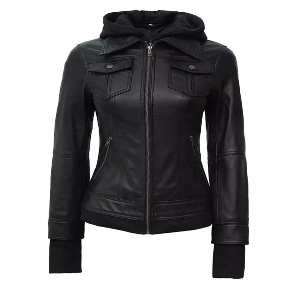 Genuine Black Leather Jacket with Removable Hood