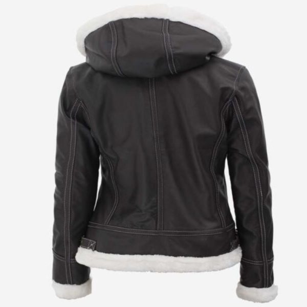 Brown Hooded Shearling Bomber Jacket for Women
