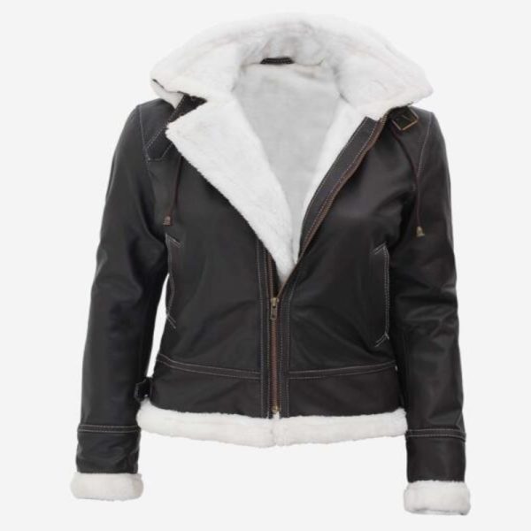 Brown Hooded Shearling Bomber Jacket for Women