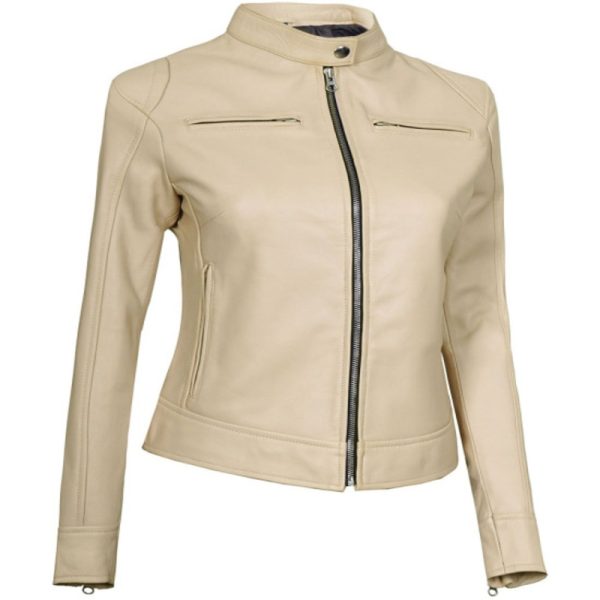 Women’s Genuine Beige Leather Café Racer Jacket