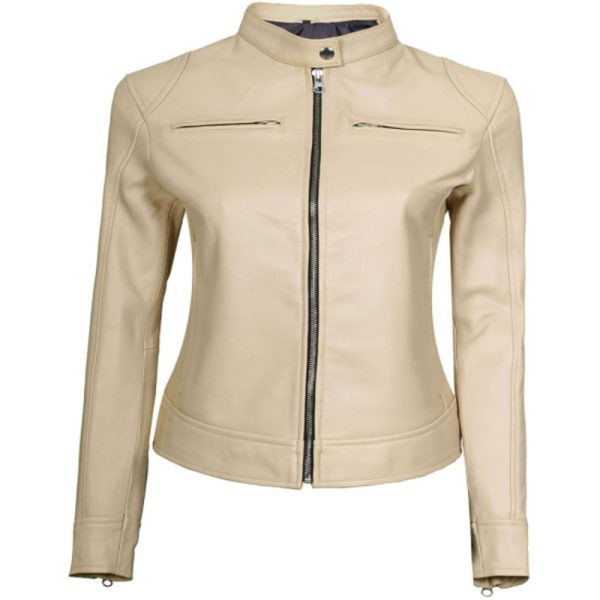 Women’s Genuine Beige Leather Café Racer Jacket