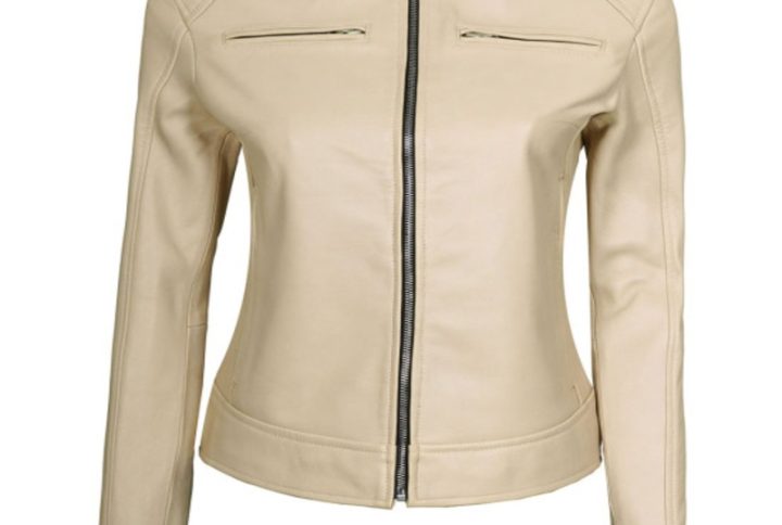 Women’s Genuine Beige Leather Café Racer Jacket