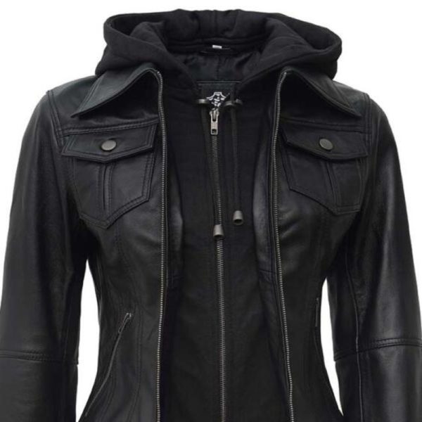 Genuine Black Leather Jacket with Removable Hood
