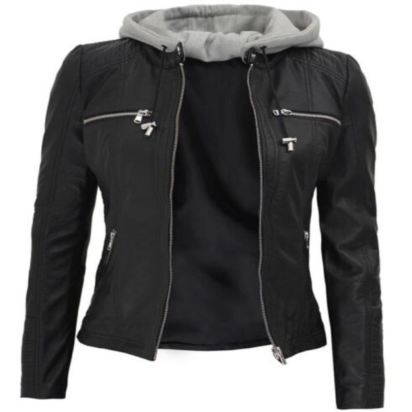 Genuine Black Hooded Leather Jacket For Women