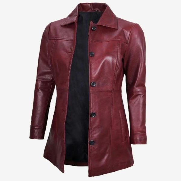 Women’s Maroon Long Leather Winter Coat