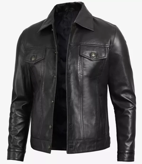 Men’s Classic Black Leather Trucker Jacket
