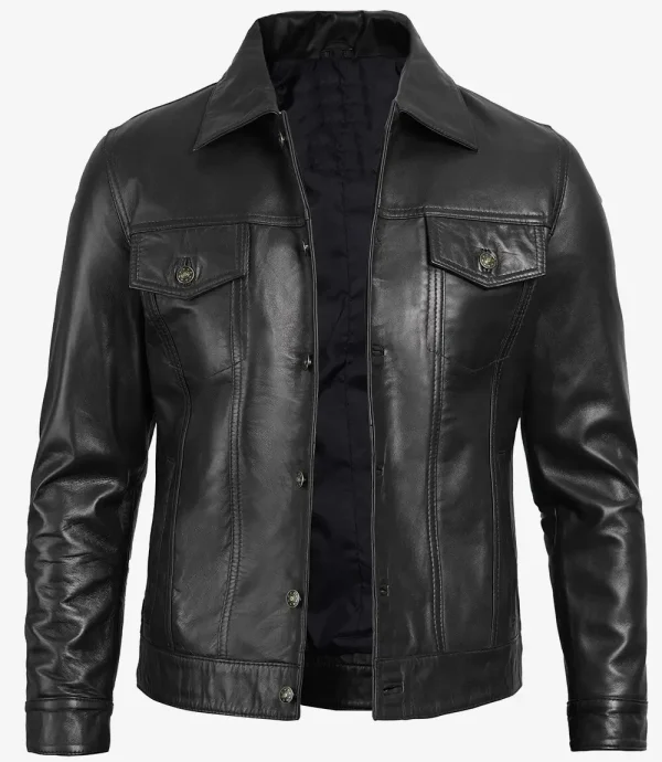 Men’s Classic Black Leather Trucker Jacket