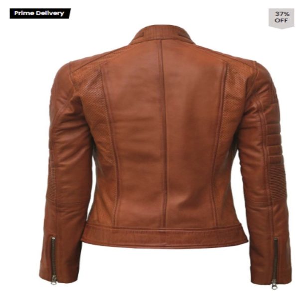 Tan Café Racer Leather Jacket for Women