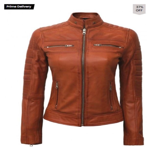 Tan Café Racer Leather Jacket for Women