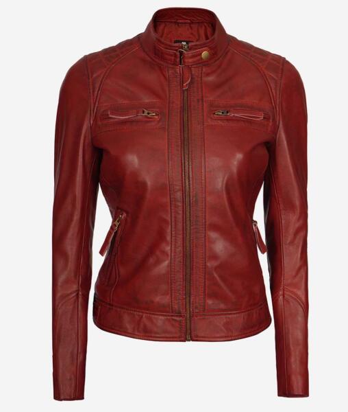 Women’s Maroon Lambskin Leather Moto Jacket