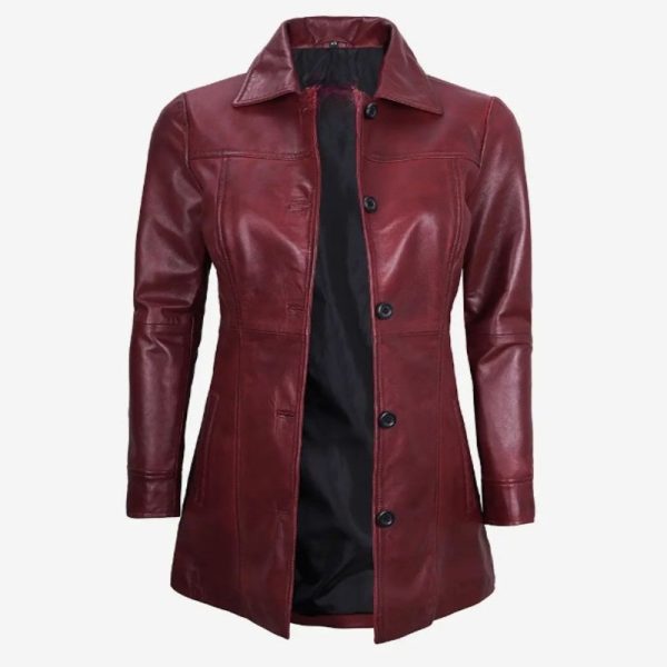 Women’s Maroon Long Leather Winter Coat