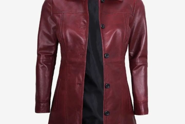 Women’s Maroon Long Leather Winter Coat