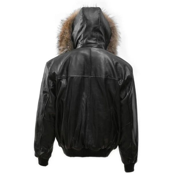 Men’s Black Leather Bomber Jacket with Hood