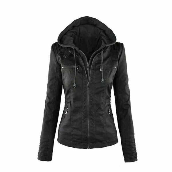 Black Leather Motorcycle Jacket with Hood