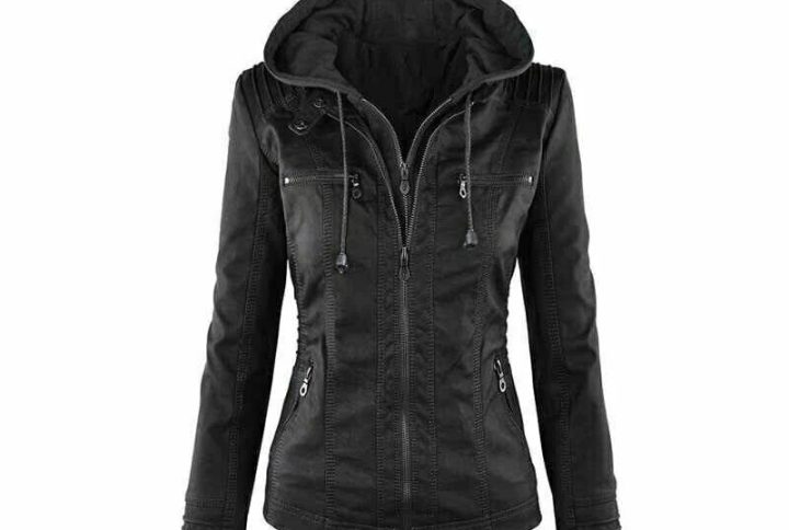 Black Leather Motorcycle Jacket with Hood