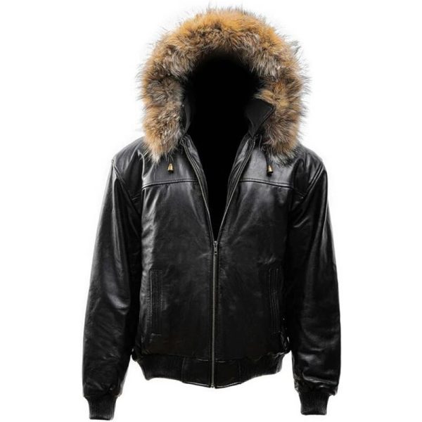 Men’s Black Leather Bomber Jacket with Hood