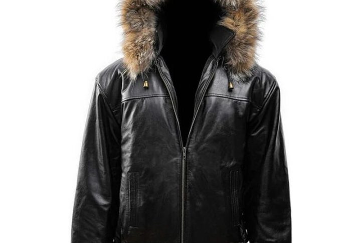 Men’s Black Leather Bomber Jacket with Hood